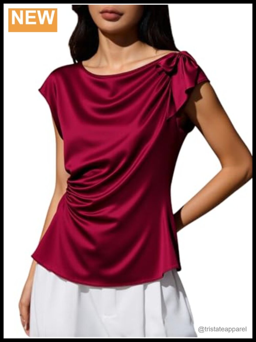 Women's Satin Blouse with Bow Tie, Draped Cap Sleeve Ruched Top